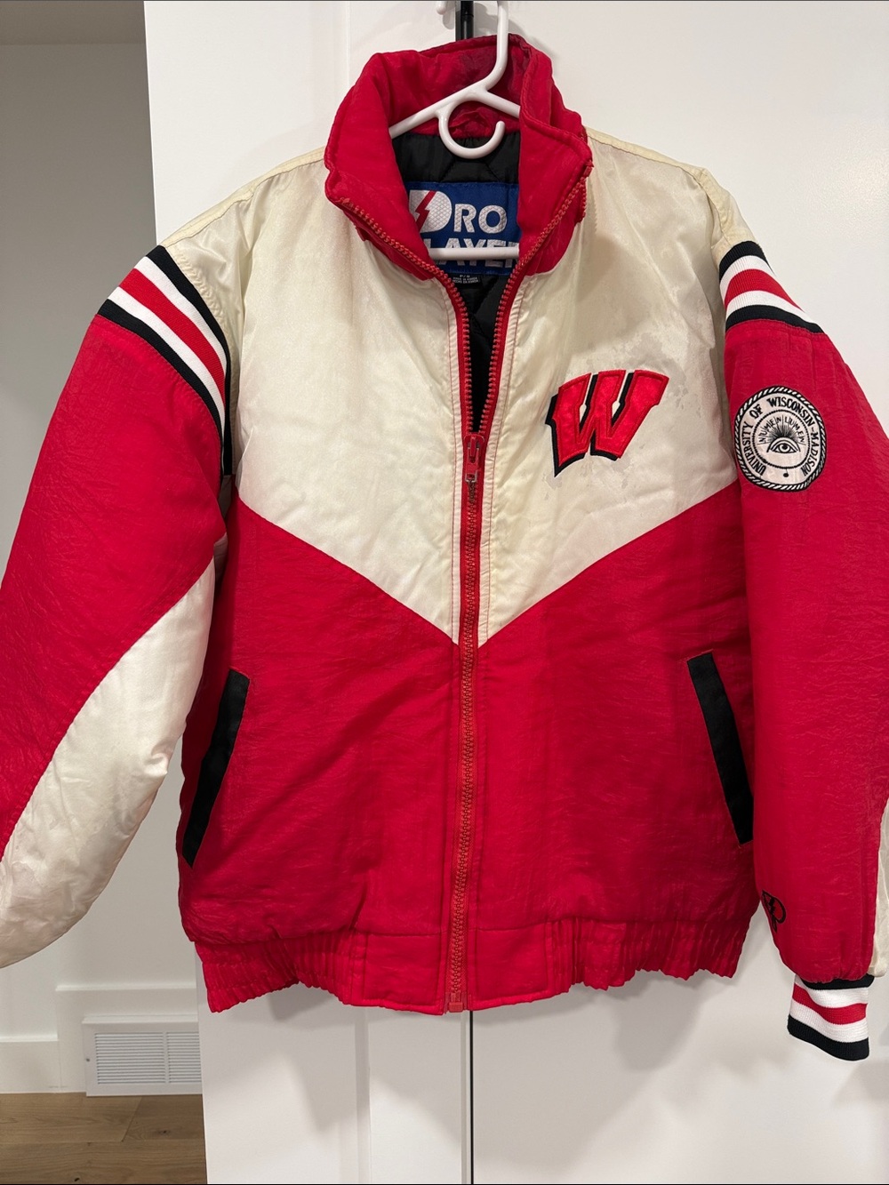 Vintage Retro Pro Player Red and Cream Varsity-Style Jacket with 'W' Patch